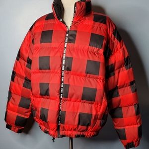 Victorias Secret Pink Sherpa Collar Puffer Jacket Buffalo Plaid large NEW